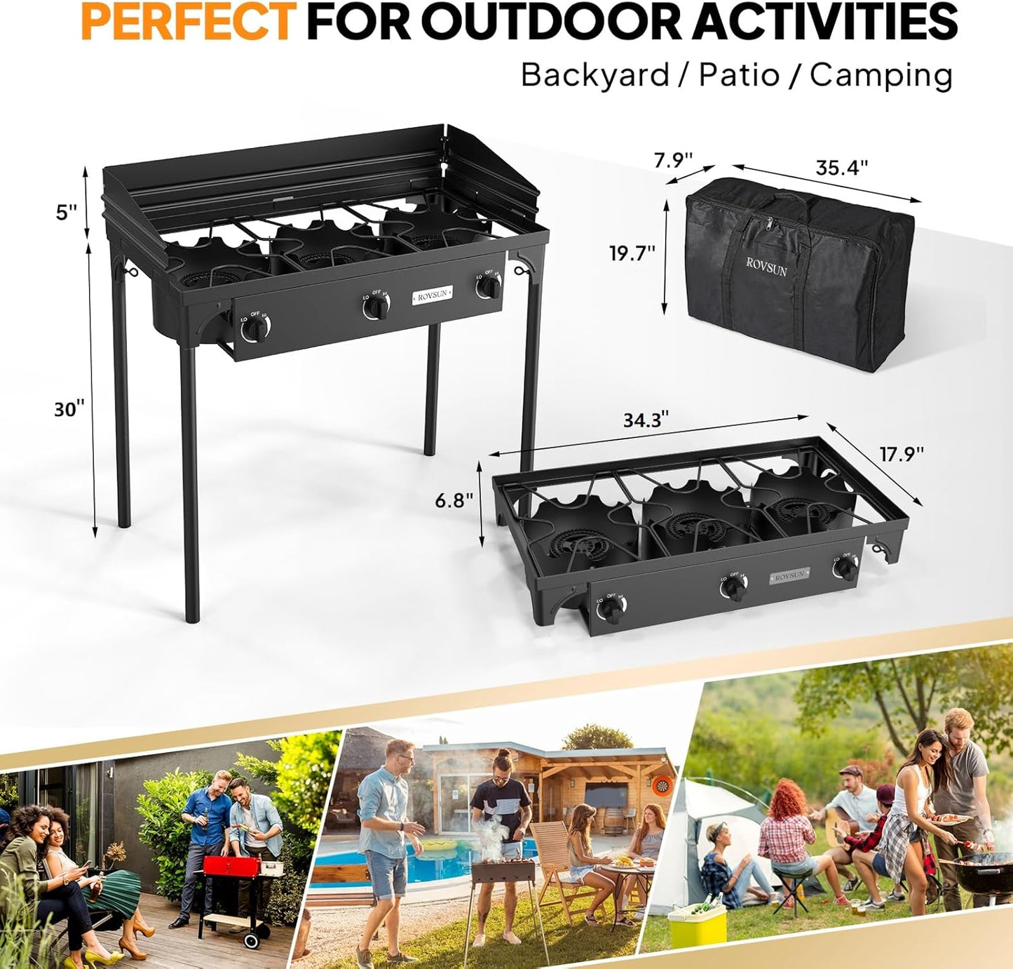 ROVSUN 3 Burner Propane Gas Stove with Carrying Bag, 225,000 BTU Patio Outdoor Camping Burner with Wind Panel & CSA Listed Regulator, Picnic Cooker for Home Patio Cooking Brewing Turkey Frying Canning
