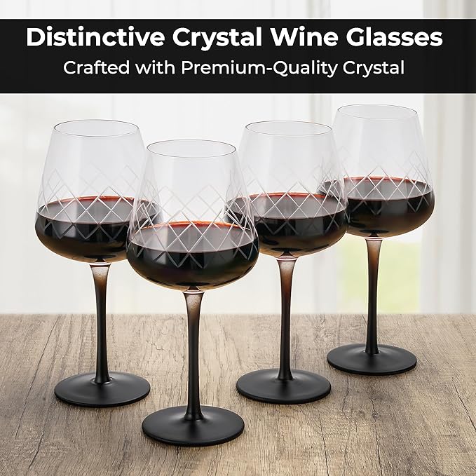 MIAMIO Premium Crystal Wine Glasses, Set of 4 with Black Long Stem Crystaluna Collection (Red Wine)