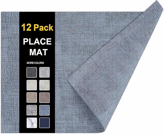 homing Faux Leather Heat Resistant Placemats 12 Packs, Waterproof Wipeable Dining PU Place Mats for Indoor & Outdoor, Easy to Clean, Denim Blue