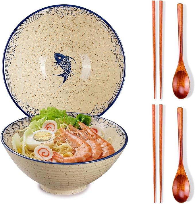 2 x 40 OZ ceramic ramen bowls, 8 IN large Japanese noodle soup bowl, match chopsticks and spoons, suitable for Pho, Udon Asian noodles (Japanese fish 2 set)