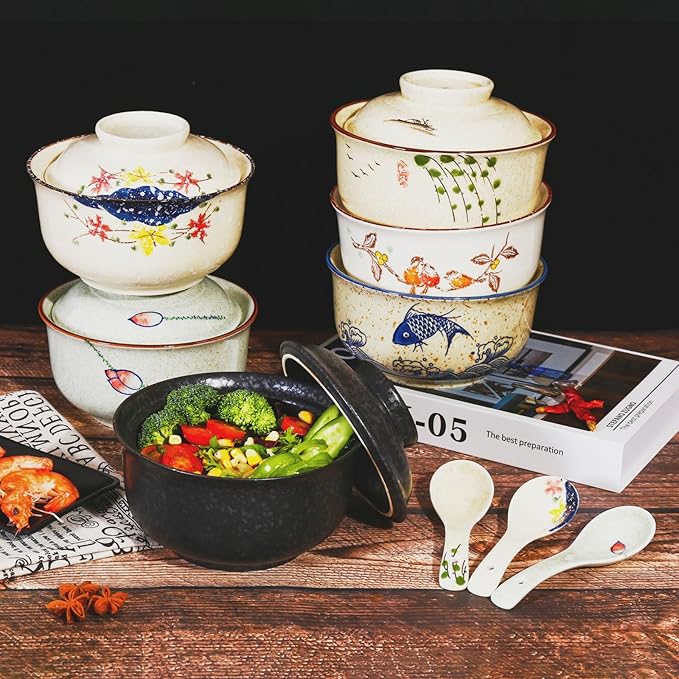 Ceramic Ramen Bowl Set, 800ml, with Lid, Spoon and Chopsticks, Japanese Vintage Large Soup Bowls Instant Noodle Bowl Asian Tableware (Black*1)