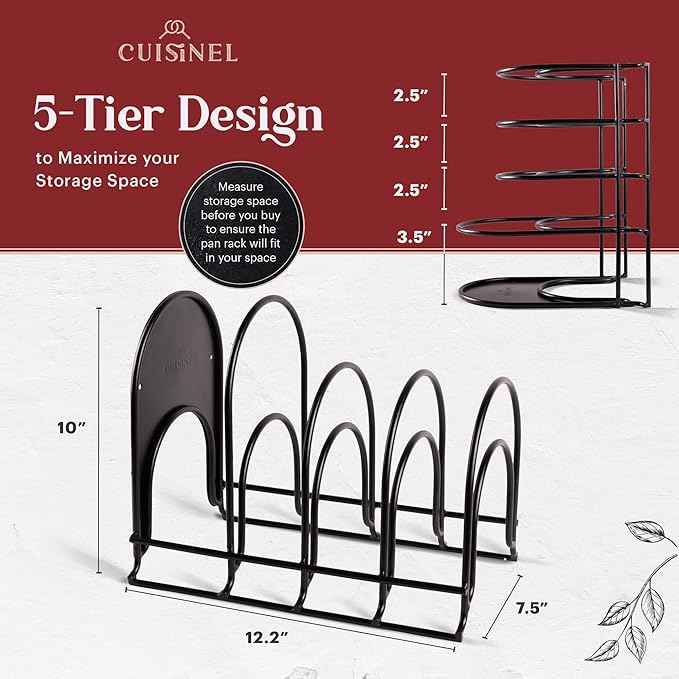 Cuisinel Pots and Pans Organizer Rack - Heavy Duty 60-LBS Capacity - 6mm Thick - Made in India - Matte-Black 12.2"-Tall 5-Tier Space-Saving Kitchen Storage for Cast Iron Cookware, Skillet, Dish, Plate