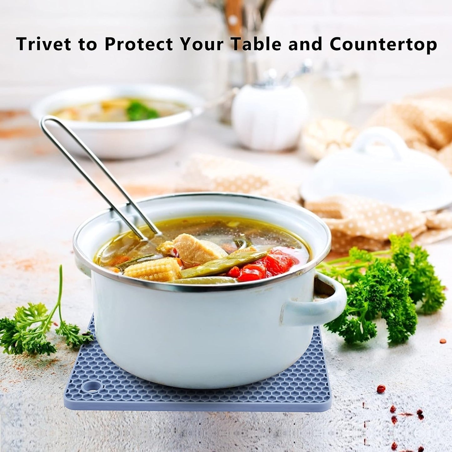 4 Pack Silicone Trivet Mat, Silicone Trivets for Hot Pots and Pans, Non-Slip & Heat Resistant Silicone Hot Pad for Kitchen Counter Mat Set, Soft Drying Mat, Jar Opener and Coasters, Square, Blue