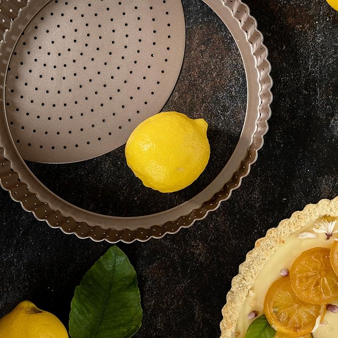 HAPPIELS Non-Toxic Nonstick 9-inch Tart Pan with Removable Bottom Perforated | Round Gold Quiche Pan