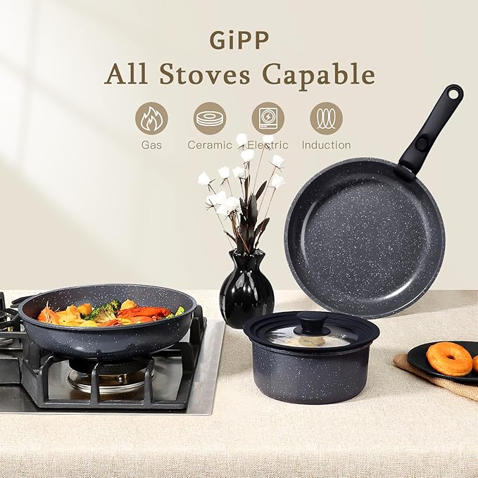 GiPP Ceramic Pots and Pans Set Non Stick, Nonstick Detachable Handle Cookware Sets, Healthy Non Toxic PFAS PFOA & PTFE Free, Dishwasher ＆Oven Safe, Induction Kitchen Pot and Pan, 8 Piece Grey