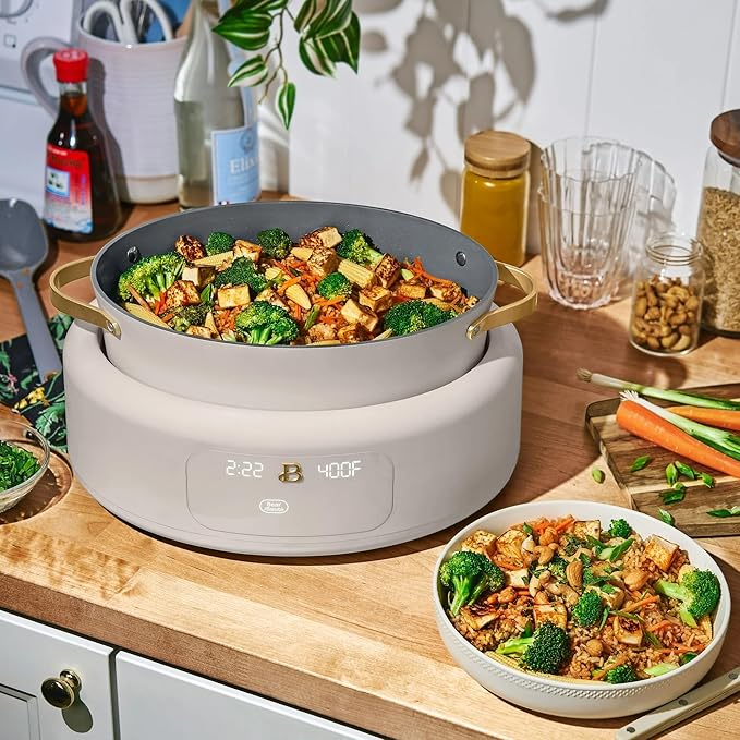 Beautiful 10-in-1, 6-Qt Electric Multi-Cooker | Programmable Touch Display | 7 Presets up to 400 °F | Sear Slow-Cook Steam Rice Warm | Oven-Safe Pot & Lid (Porcini Taupe)