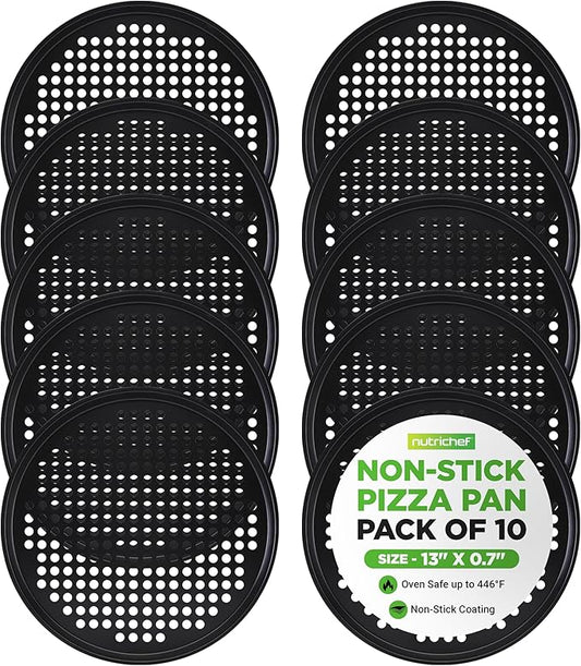 NutriChef Nonstick 13" Pizza Pan (Set of 10), Perforated Round Pizza Tray for Oven, Commercial-Grade Carbon Steel Baking Pan for Homemade, Frozen & Leftover Slices – Easy to Clean & Dishwasher Safe