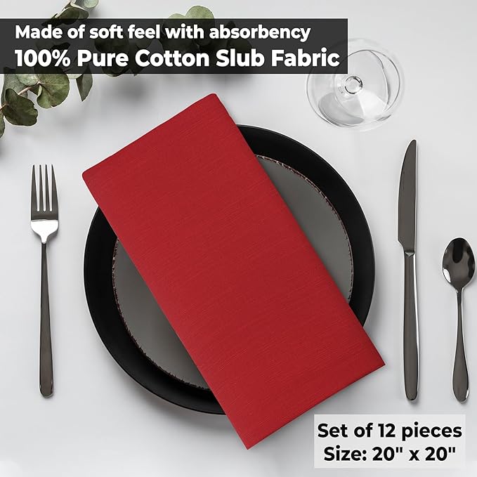 Urban Villa Cloth Napkins 100% Cotton Slub Absorbent Dinner Napkins (Set of 12) Oversized 20x20 Inches Solid Red Color Soft Durable Reusable Washable Ideal for Everyday Use Wedding Parties