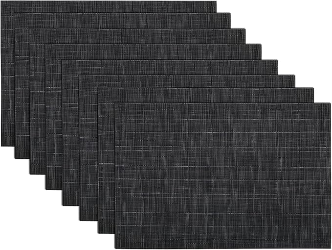 SHACOS Placemats Set of 8 Woven Vinyl Place Mats for Dining Table Wipe Clean Heat Resistant Washable Kitchen Table Mats (8, Black)