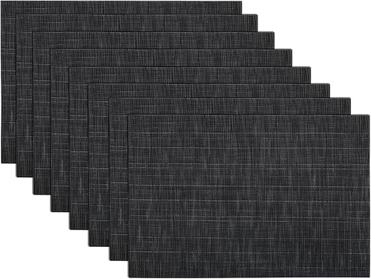 SHACOS Placemats Set of 8 Woven Vinyl Place Mats for Dining Table Wipe Clean Heat Resistant Washable Kitchen Table Mats (8, Black)