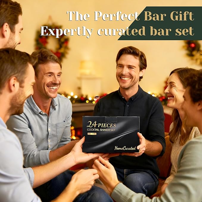 Cocktail Shaker Set, 24-Piece Bar Bartender Kit with Stand, Martini Shaker, Jigger, Strainer,Mixer Spoon,Muddler,Liquor Pourers,Tongs,Opener,LCE Ball Mold&LCE Cubes,Bottle Stoppers|Silver