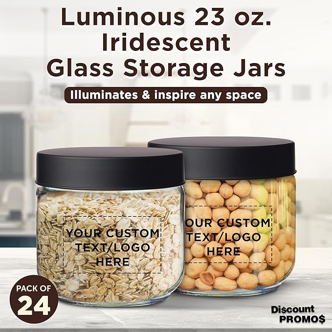 DISCOUNT PROMOS Custom Luminous 23 oz.Storage Jars Set of 24, Personalized Bulk Pack - Durable Kitchen Organization, Home Decor Essentials, Food Storage Solutions - Clear