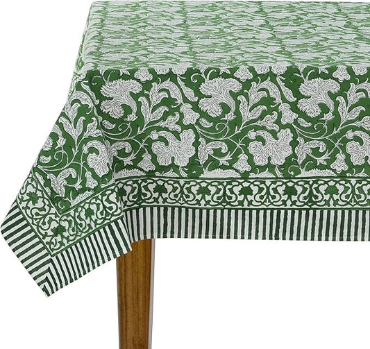 Ridhi Pantone Artichoke Hand Block Print Cotton Rectangle Tablecloth 160 x 72 inch-Reusable Table Cover Decorative Everyday Use for Dining Room, Farmhouse, Thanksgiving, Christmas Wedding, Fall