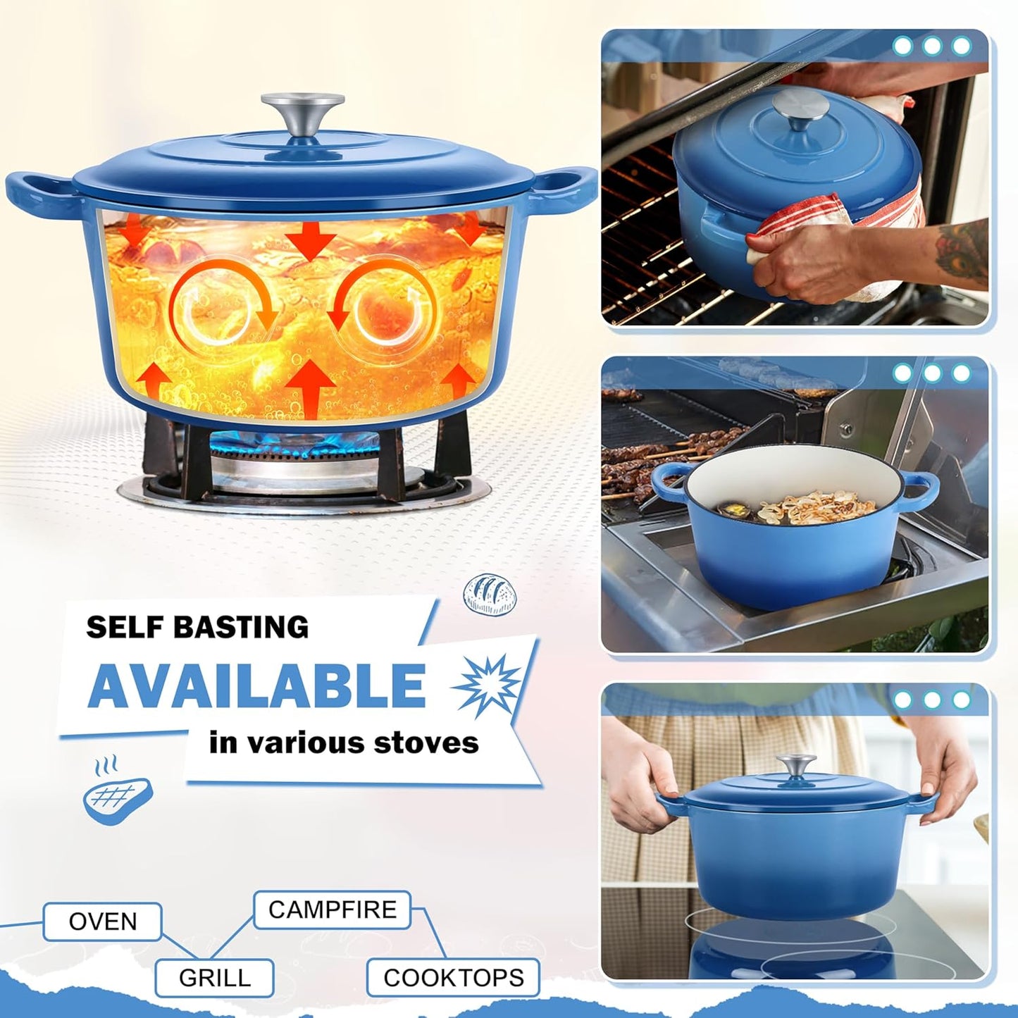 Small 3 Quart Dutch Oven, HaSteeL Round Cast Iron Cooking Pot with Lid, Nonstick Enameled Cookware for Sourdough Bread Baking Roasting Stewing Braising Frying, Heavy Duty & Oven Safe 500℉, Blue
