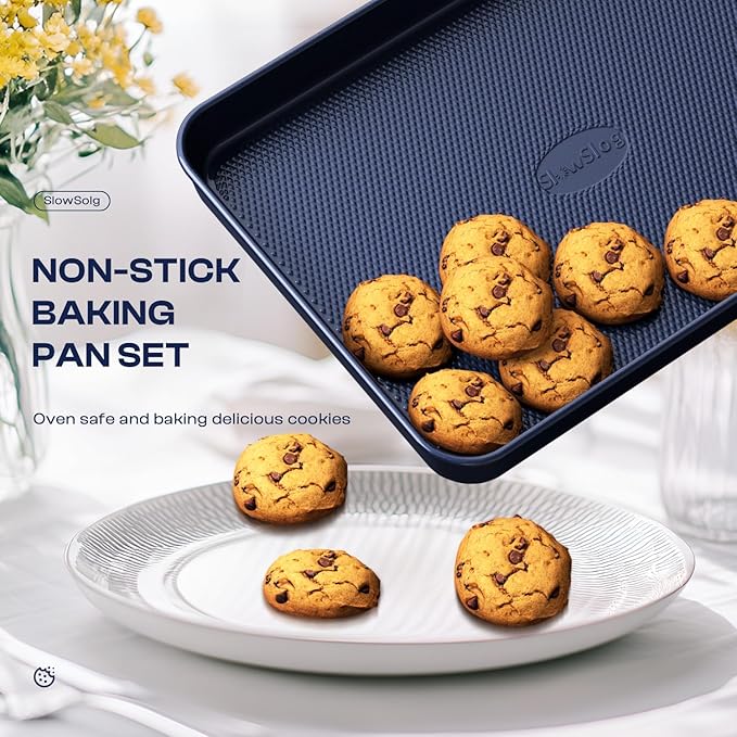 12-Piece Oven Safe Nonstick Bakeware Set with Baking Pan, Cake Pan, Muffin Pan, Loaf Pan, Square Pan, Roasting Pan, Cookie Pan, Cooling Rack & Utensils - Ceramic Coated Blue