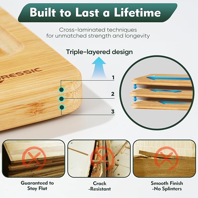 Bamboo Cutting Board Natural Bamboo Set With Smooth Surface 4 Packs with Non Slip Feet Holder and Over Sink Solid Thick Durable Wood Charcuterie Serving Tray Vegetables Fruits Kitchen Gifts (Natural)