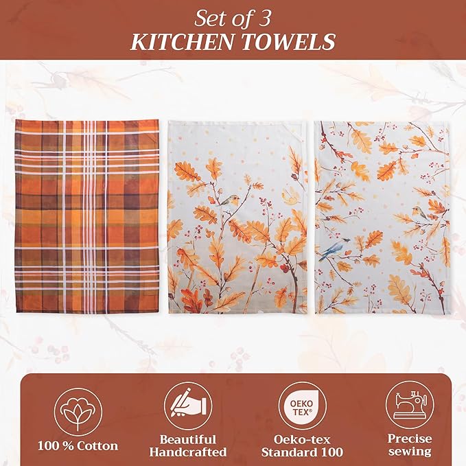 Maison d' Hermine Kitchen Towels Set of 3 100% Cotton 20" x 27.5" Reusable Cloth Tea Dish Towels Absorbent with Hanging Loop for Kitchen Dining Thanksgiving Christmas Decorations (Oak Leaves)