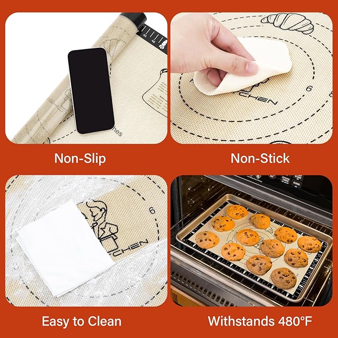 Silicone Baking Mat with Recipes, Silicone Mat for Baking Macaron, Bread, Pizza, Extra Thick Silicone Baking Mat with Measurement, Non Stick Pastry Mat for Dough Rolling Out