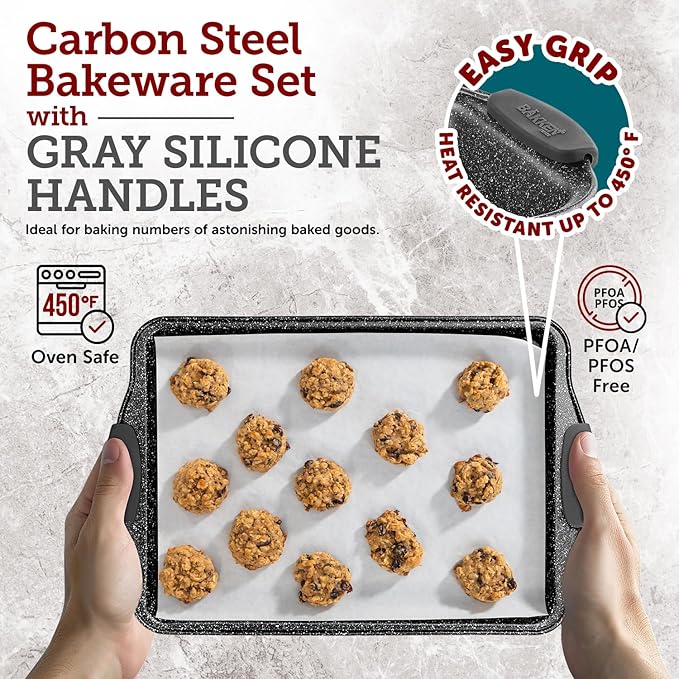 BAKKEN Kitchen Baking Pans - 15.15 x 10.03" Medium Nonstick Sheet, Durable Carbon Steel Cookie Sheet with Gray Silicone Handles, PFOA, PFOS, PTFE Free, Oven Safe Tray (Up To 450°F), Set of 1
