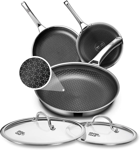 Non Stick Frying Pans Set with 2 Lid, Hybrid Pans Set Nonstick (8+10+12inch),Skillets for cooking, PFOA Free Stainless Steel Kitchen set, Dishwasher and Oven-Safe Cookware Sets