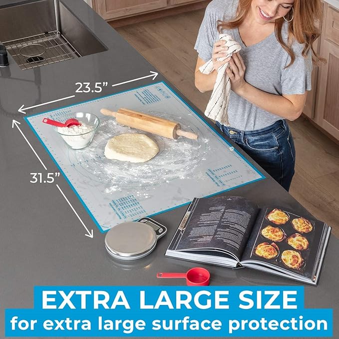 XXL Silicone Pastry Mat – Non-Slip, Easy-Clean Rolling Mat for Dough, Cookies, Pie, Bread, Pizza & Fondant – Extra Large 23.5” x 31.5” Baking Mats Board with Printed Measurements & Conversion Chart