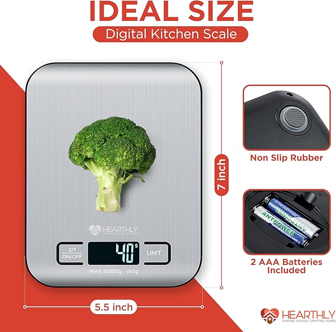 Food Scale| Digital Kitchen Scale for Cooking and Baking, Batteries Included, Weighs up to 22 pounds, Kitchen Scales Digital Weight Grams and Ounces, 304 Stainless Steel - Silver Grey