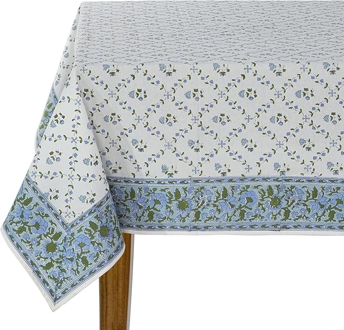 Ridhi Powder Blue Hand Block Print Cotton Rectangle Tablecloth 108 x 60 inch-Reusable Table Cover Decorative Everyday Use for Dining Room, Farmhouse, Thanksgiving, Christmas Wedding, Fall