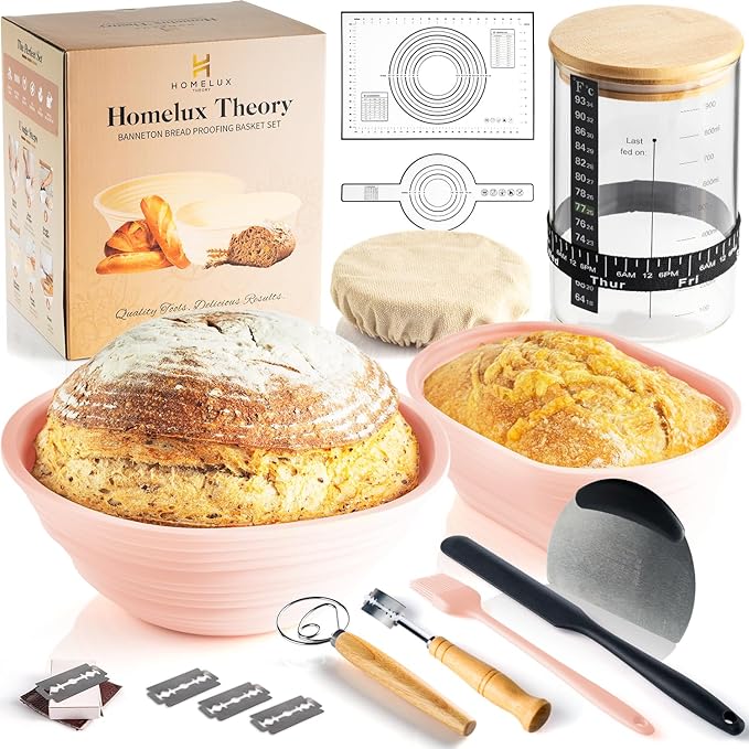 Sourdough Starter Kit, 14pcs Bread Making Kit & Sourdough Bread Baking Supplies Kit, Banneton Basket Kit for Sourdough Proofing with Bread Baking bowl for Artisan Breads (Pink) by HOMELUX THEORY