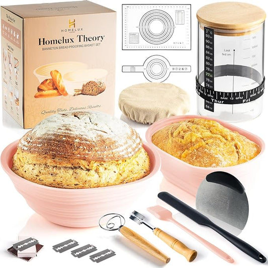 Sourdough Starter Kit, 14pcs Bread Making Kit & Sourdough Bread Baking Supplies Kit, Banneton Basket Kit for Sourdough Proofing with Bread Baking bowl for Artisan Breads (Pink) by HOMELUX THEORY