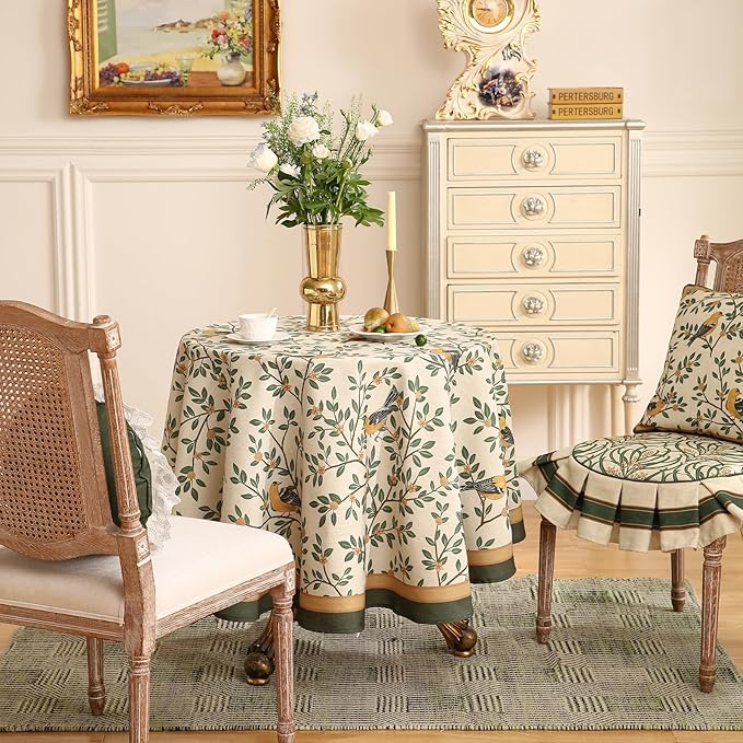 patdrea Designer Floral Linen Table Cloth Durable Breathable Tabletop Cover Dacorative Kitchen Dining Tablecloth for Round Tables for Kitchen Dining Parties,Holiday Christmas,Diameter 55"