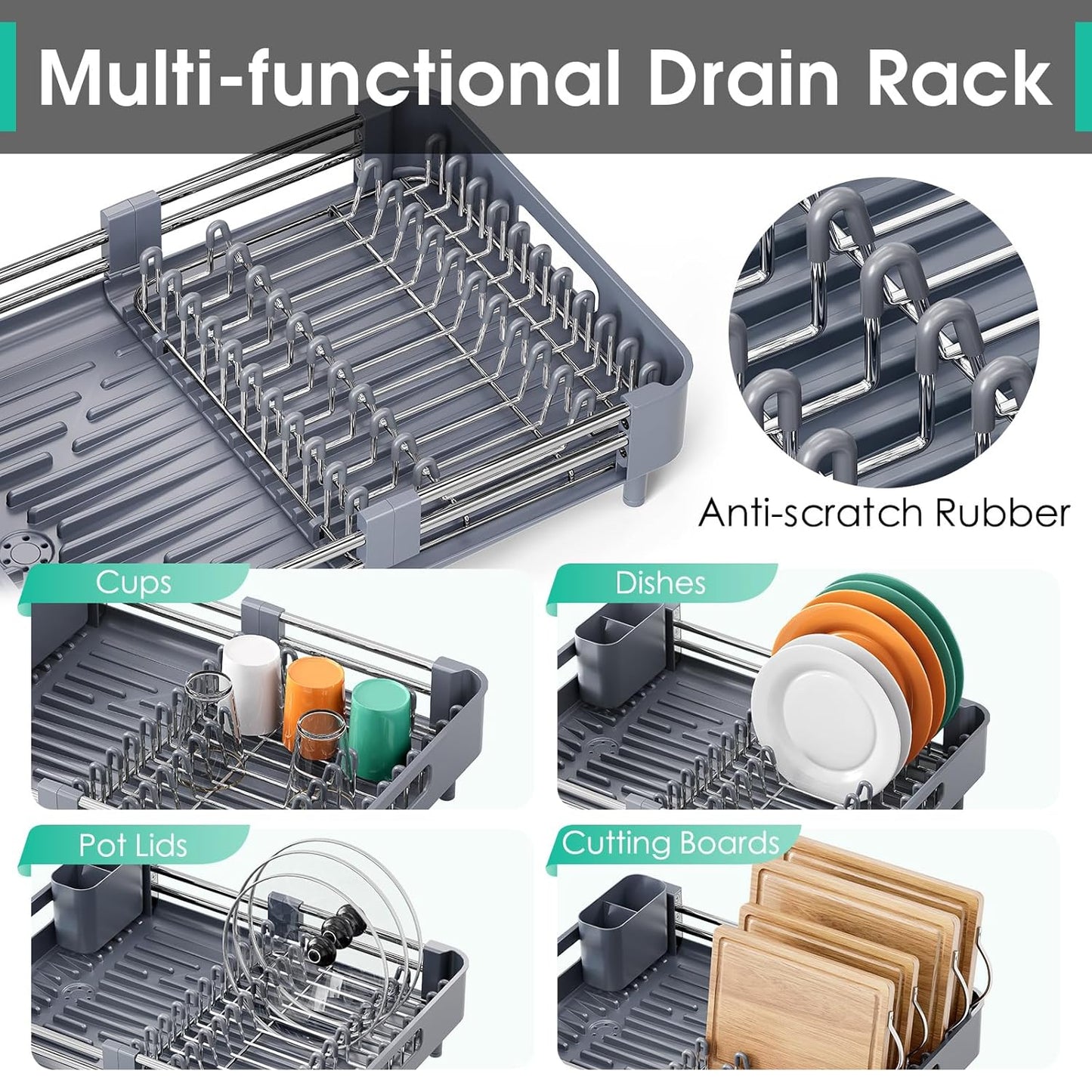 Dish Drying Rack for Kitchen Counter, Extendable Dish Rack with Drainboard, Expandable Dish Drainer, Collapsible Dish Strainer with Cutlery Holder, Foldable Home Countertop Plate Storage Rack, Gray