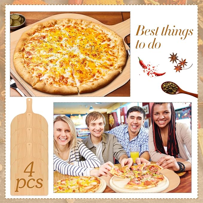 Nuogo 4 Pcs Wood Pizza Peel 12 Inch Wood Pizza Spatula Paddle Natural Cutting Board with Handle for Restaurant Baking Homemade Bread Cutting Fruit Vegetables Cheese