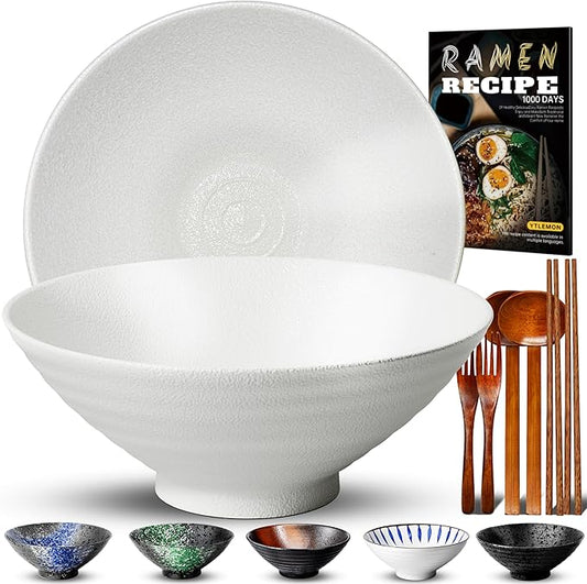 8-Inch Ceramic Ramen Bowl Set of 2 (9 Piece) - Porcelain Japanese Salad Noodles Cereal Fruit Pasta Soup Large Bowls with Recipes Chopsticks Forks Spoons for Men Women Gift Microwave & Dishwasher Safe