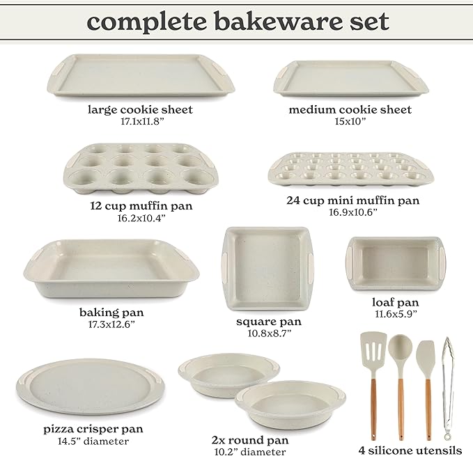 Country Kitchen Nonstick Stackable Bakeware Set - Durable, Easy Release Baking Set, Cream, 14 Pcs