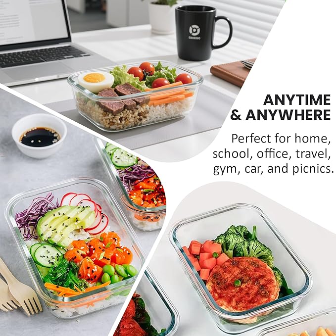 HOTEC 35OZ Glass Food Storage Container, Airtight Glass Lunch Fruit Containers with Lids - Microwave, Oven, Freezer and Dishwasher Safe, 4-PACK