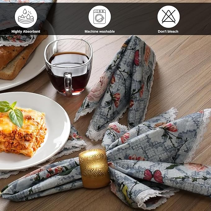 Bedding Craft Printed Cotton Dinner Napkins Set of 12 – 18x18 Lace Birds Design – Elegant & Reusable Fabric Table Napkins for Dining, Parties, Weddings & Everyday Use