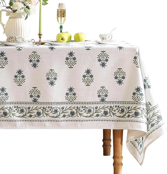 Floral Tablecloth for Rectangle Tables,Linen Table Cloth with Blue Flowers and Green Leaves,Heavy Durable Table Cover for Dining Thanksgiving Kitchen Party Banquet Christmas,63"*110"