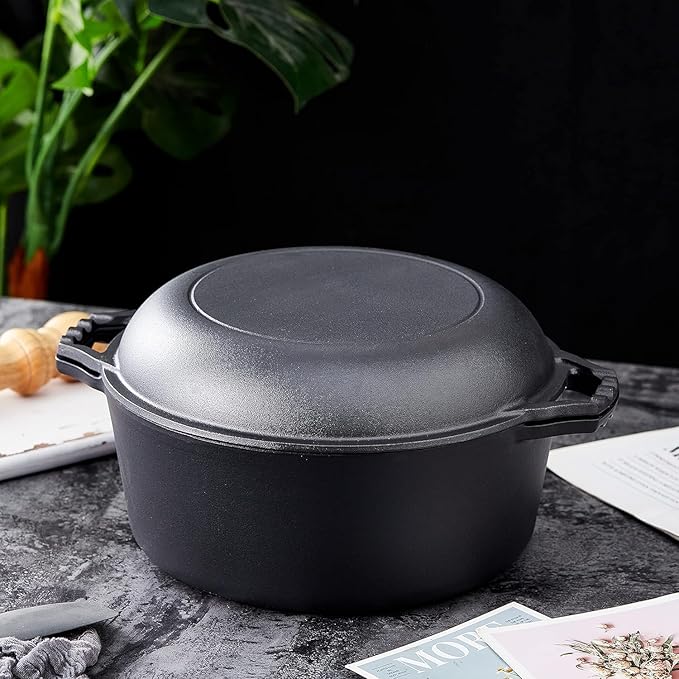 Bruntmor Pre-Seasoned Cast Iron Double Dutch Oven with Skillet Lid - 7 Quart All-in-One Casserole and Braising Pan - Heavy Duty and Oven Safe Black Cookware for Versatile Cooking - 14.7 x 6.9 Inches