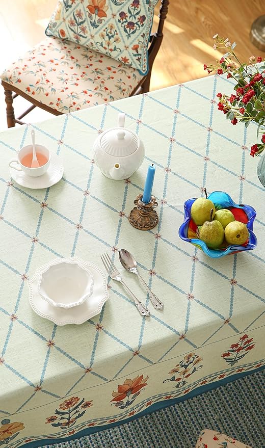 French Tablecloth for Rectangle Tables,Linen Table Cloth with Colorful Flowers and Leaves Pattern,Heavy Durable Soft Table Cover for Dining Kitchen Party Christmas,55"*87"