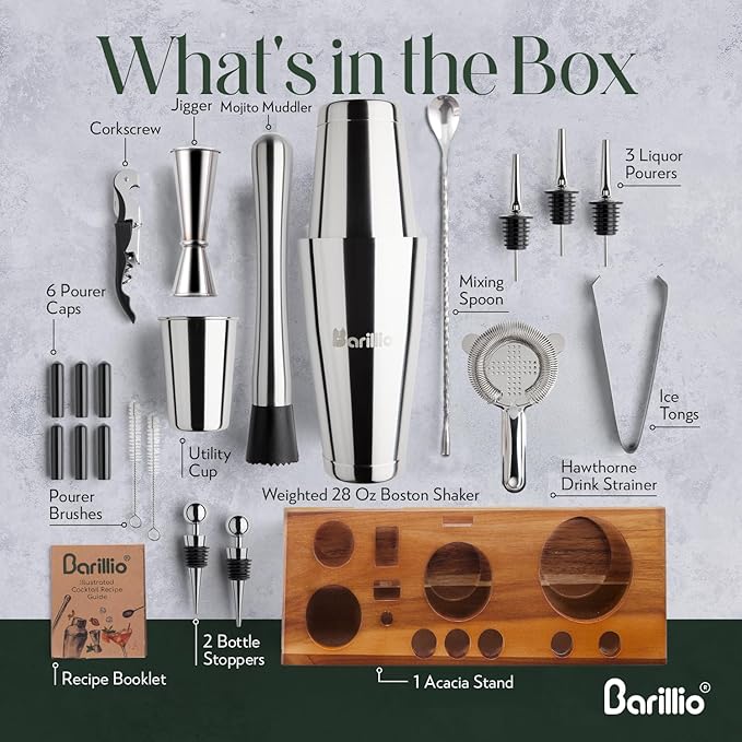 Barillio Bartender Kit – 23-Piece Stainless-Steel Cocktail Shaker Set with Premium Acacia Stand | Martini Barware Mixing Tools for Home Bartending | Gift Set