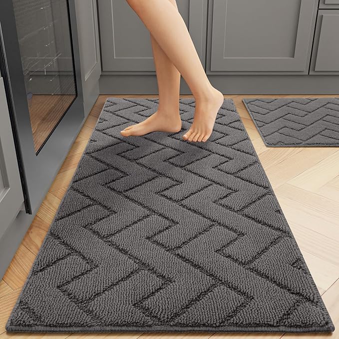 hicorfe Kitchen Rugs and Mats Sets,2 Pieces Super Absorbent Polypropylene Non-Slip Rug,Soft Comfort Floor Mat,Machine Washable for Kitchen,Hallway,Office,Sink,Laundry(20" x 31.5"+20" x 59",Grey)