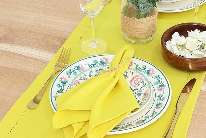 PurpleEssences Set of 12 Cloth Dinner Napkins 100% Cotton 18x18 Inch - Soft Durable Washable - Ideal for Farmhouse Party Christmas Holiday Winter - Perfect Everyday Use Table Linen - Yellow
