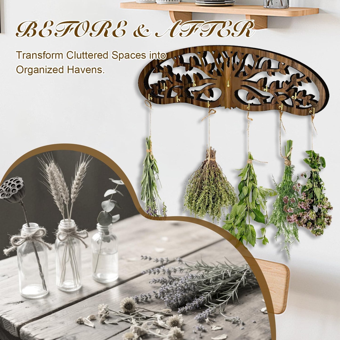 Herb Drying Rack - Wall Mounted Tree Design Holds 11 Bouquets, Space Saving Kitchen Herb & Flower Dryer, Rustic Wooden Hanging Decor for Gardeners, Crafters (dark brown)