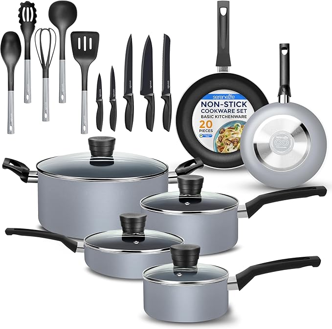 SereneLife Kitchenware Pots & Pans Basic Kitchen Cookware, Black Non-Stick Coating Inside, Heat Resistant Lacquer (20-Piece Set), One Size, Gray
