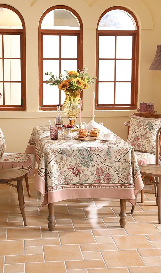 patdrea Designer Pink Linen Table Cloth for Rectangle Table,Vintage Floral with Birds Pattern Decorative Tablcloth,French Table Cover for Kitchen Dining,Thanksgiving,Christmas,63"x94"-Kulom a