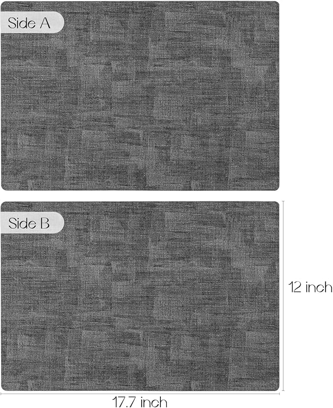 Romanstile Vinyl Placemats Set of 8-12 x 17 Inch - Heat Resistant Place Mats 100% Waterproof Oilproof Wipeable Reversible Faux Leather Table Mats for Kitchen/Dining/Party/Holiday, Dark Grey