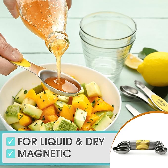 Spring Chef Yellow Stainless Steel Magnetic Measuring Spoons Set of 8 with Leveler, Dual Sided Metal Teaspoon & Tablespoon Measuring Spoons, Kitchen Gadgets for Baking & Cooking, Fits in Spice Jars