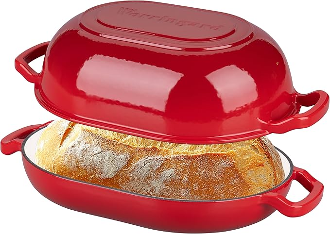Enameled Cast Iron Sourdough Bread Oven, Dutch Oven, Loaf Cast Iron Bread Pan for Homemade Bread Baking, Meatloaf Pan with Lid, 7QT, Red