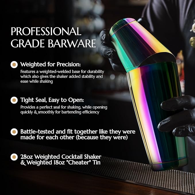 Bull in China 2-Piece Cocktail Shaker Rainbow Chrome – 28 oz Weighted Shaker & 18oz Weighted Cheater Tin, Professional Grade Bar Shaker, Premium Cocktail Shaker Set for Professional & Home Bartenders