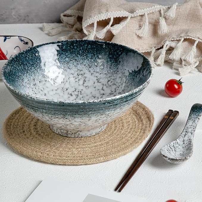 34 oz Ceramic Ramen Bowl Set of 2, Ramen Noodle Bowl with Spoons and Chopsticks 8 Inch (Stone)